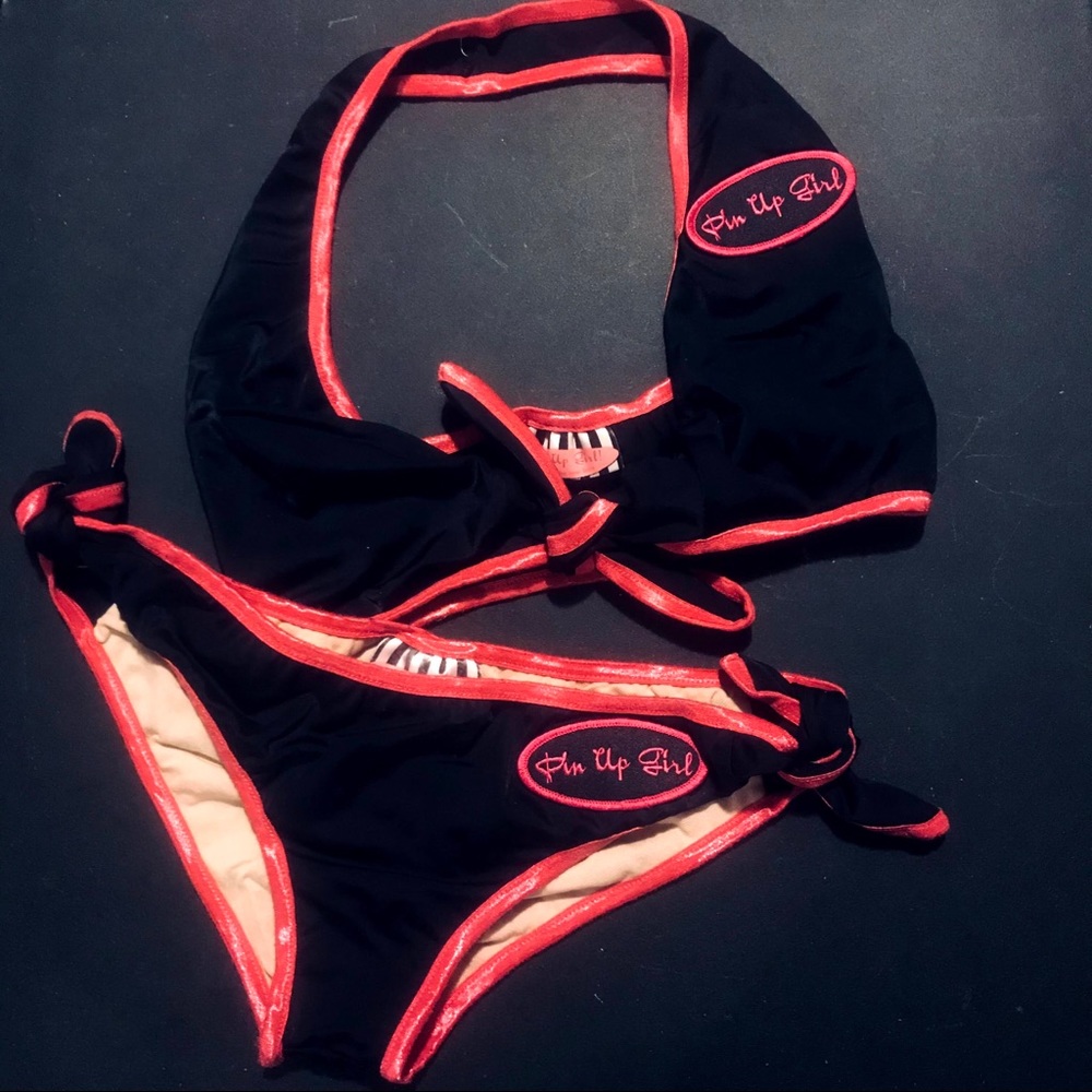 Pinup Couture Black & Pink Halter Mechanic Bikini Swimsuit w/ Ties - Unicorn!